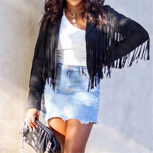 SOLD OUT Black Faux Leather Suede Fringe Cropped Western Boho Moto Jacket - Picture 2 of 9